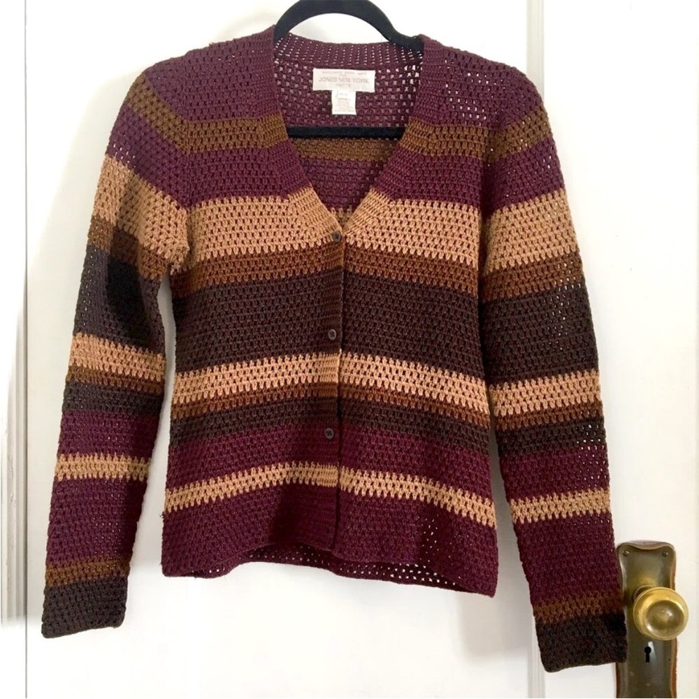 Jones New York Burgundy and Brown Crochet Knit Striped Cardigan